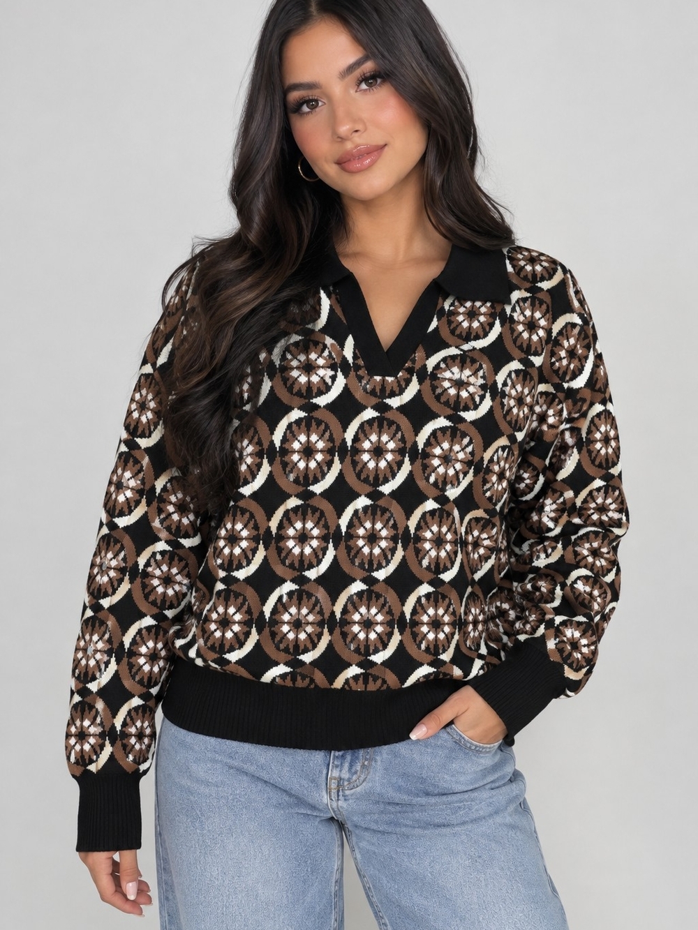 Philosophy Patterned Brown V-Neck Collared Sweater